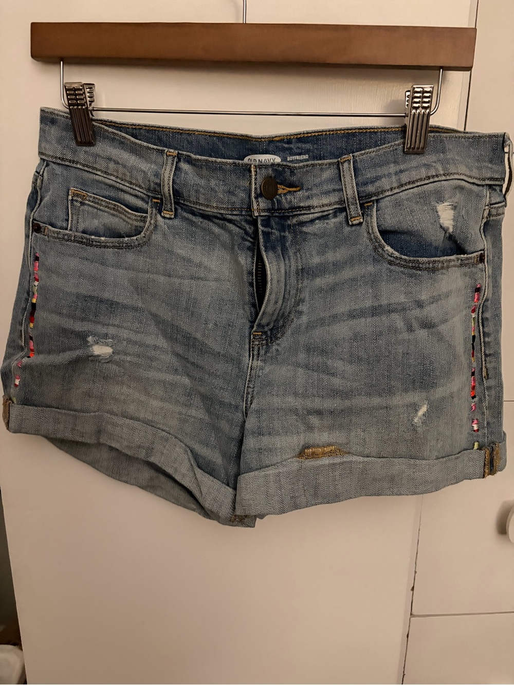 Old Navy Light Blue Distressed Denim Roll-Cuff Shorts with Side Embroidery